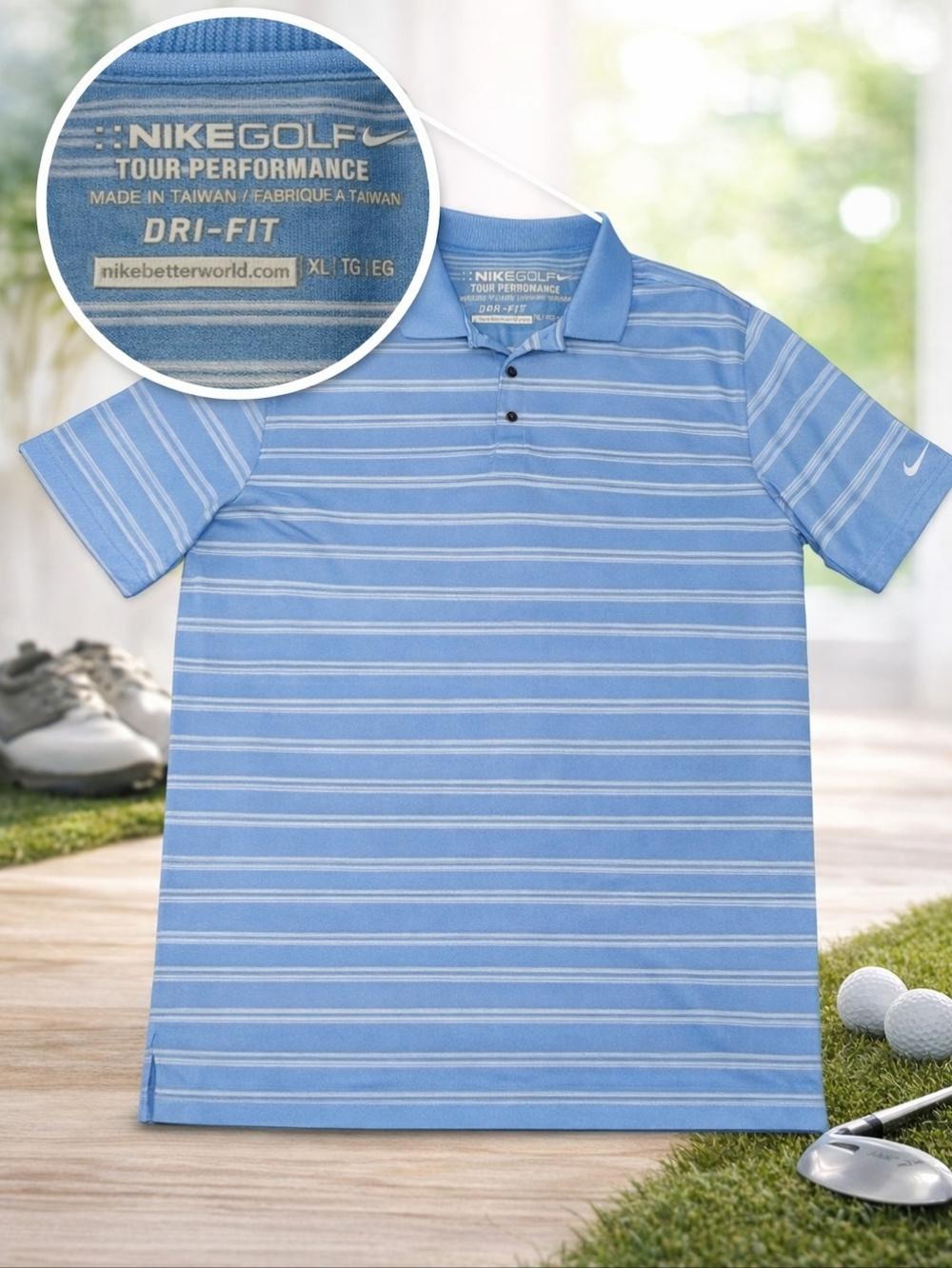 Nike Golf Tour Performance Dri-Fit Men's XL Light Blue Striped Short Sleeve Polo